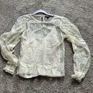 Express Sheer Cream Floral Lace Long-Sleeve Blouse